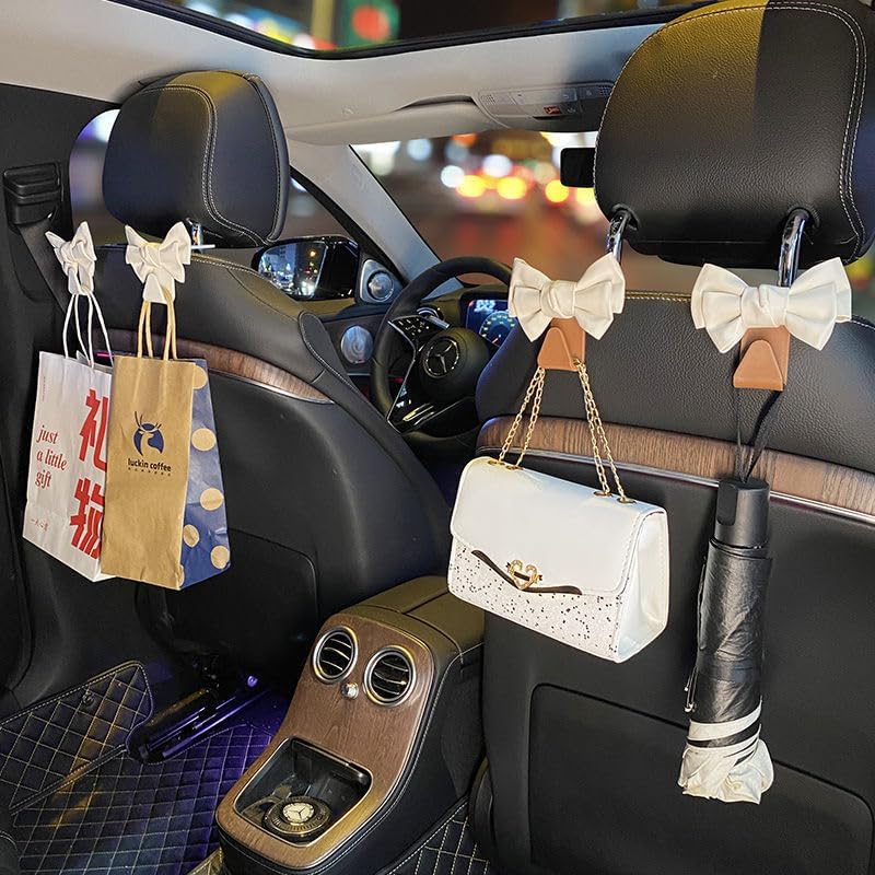 LIFOPY 2 Pack Car Purse Hooks, Cute Bow Car Seat Headrest Hook Hanger for Purses and Bags, Space-Saving Car Accessory (White brown) - Image 2